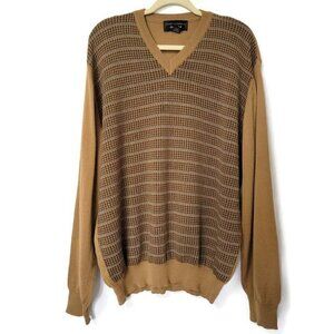 Harold Powell Merino Wool Blend Camel Tan Herringbone Pullover V-neck Sweater XL